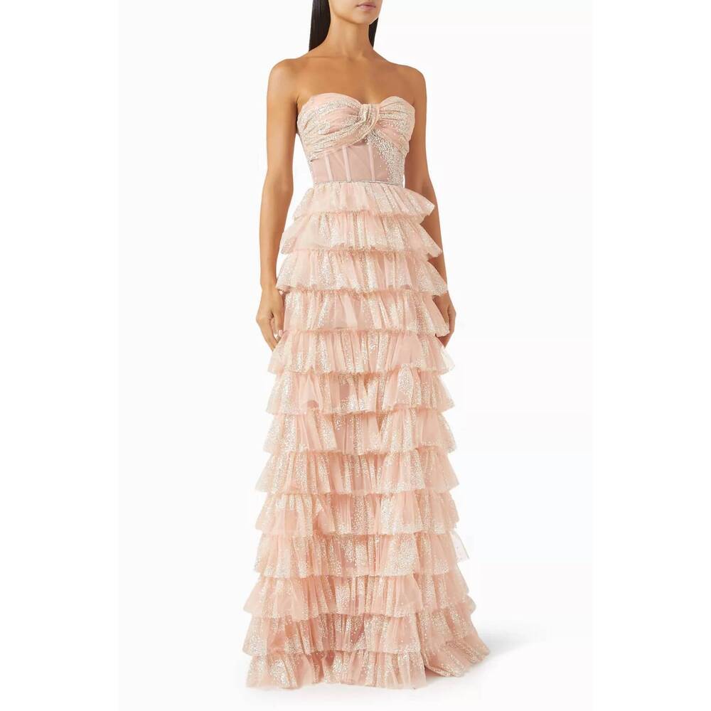 NEW TARIK EDIZ cielo glitter tiered gown in pink